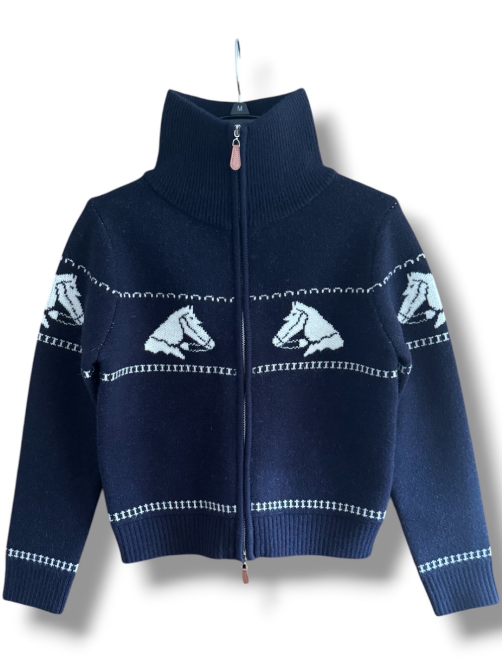 House of Harlow 1960 Navy and Cream Horse-Intarsia Zip Turtleneck